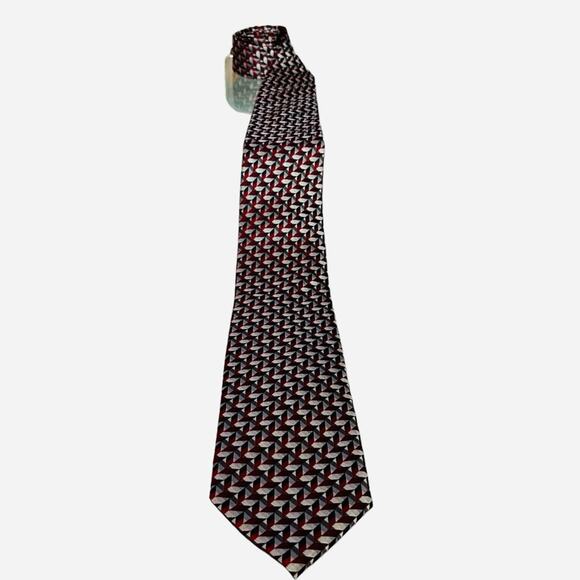 John Ashford New With Tags Designer Silk Tie Silver Gray Red Black Pattern - Picture 1 of 4